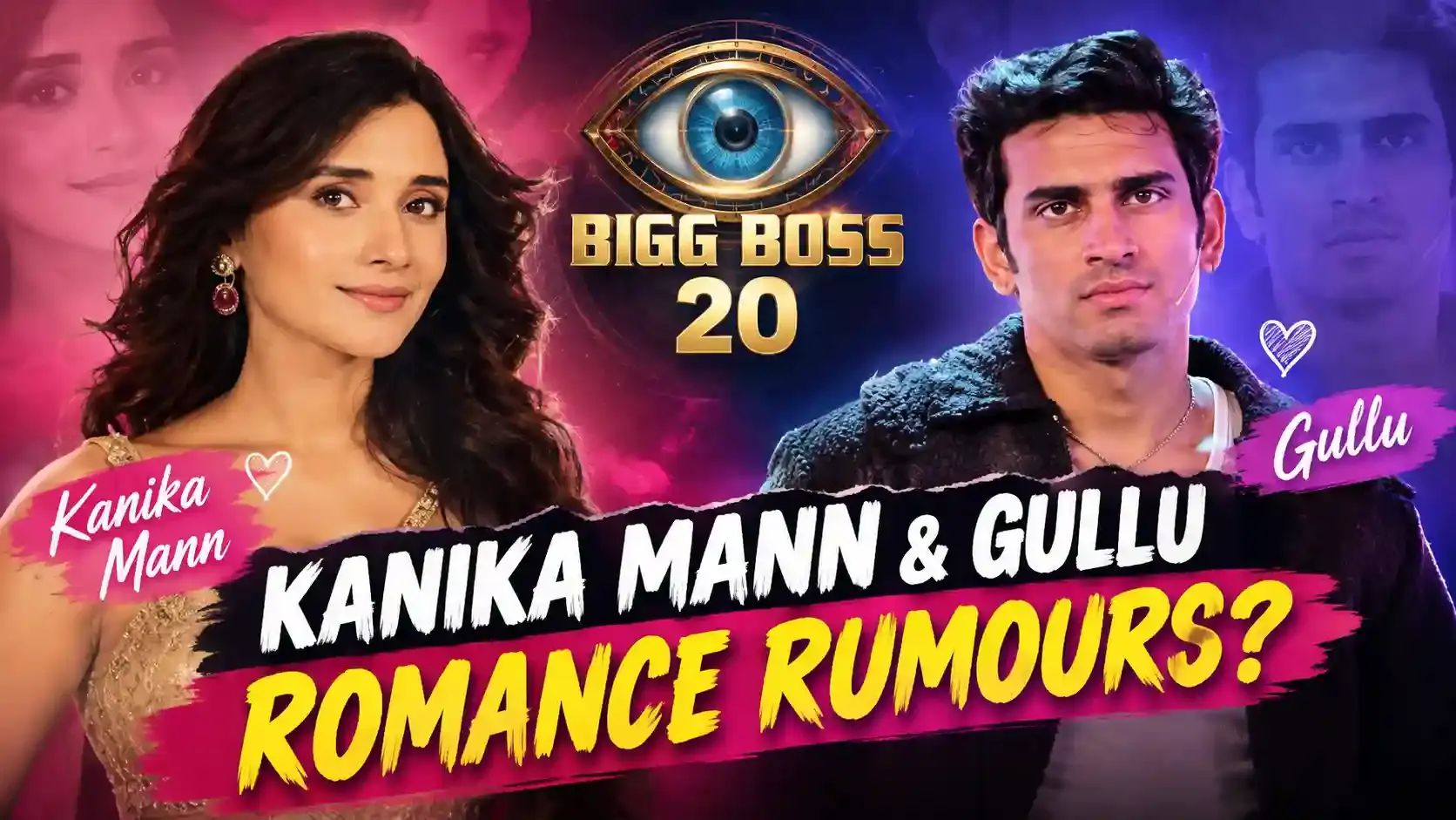 Bigg Boss 20 cover graphic showing Kanika Mann and Gullu with a romance rumours headline